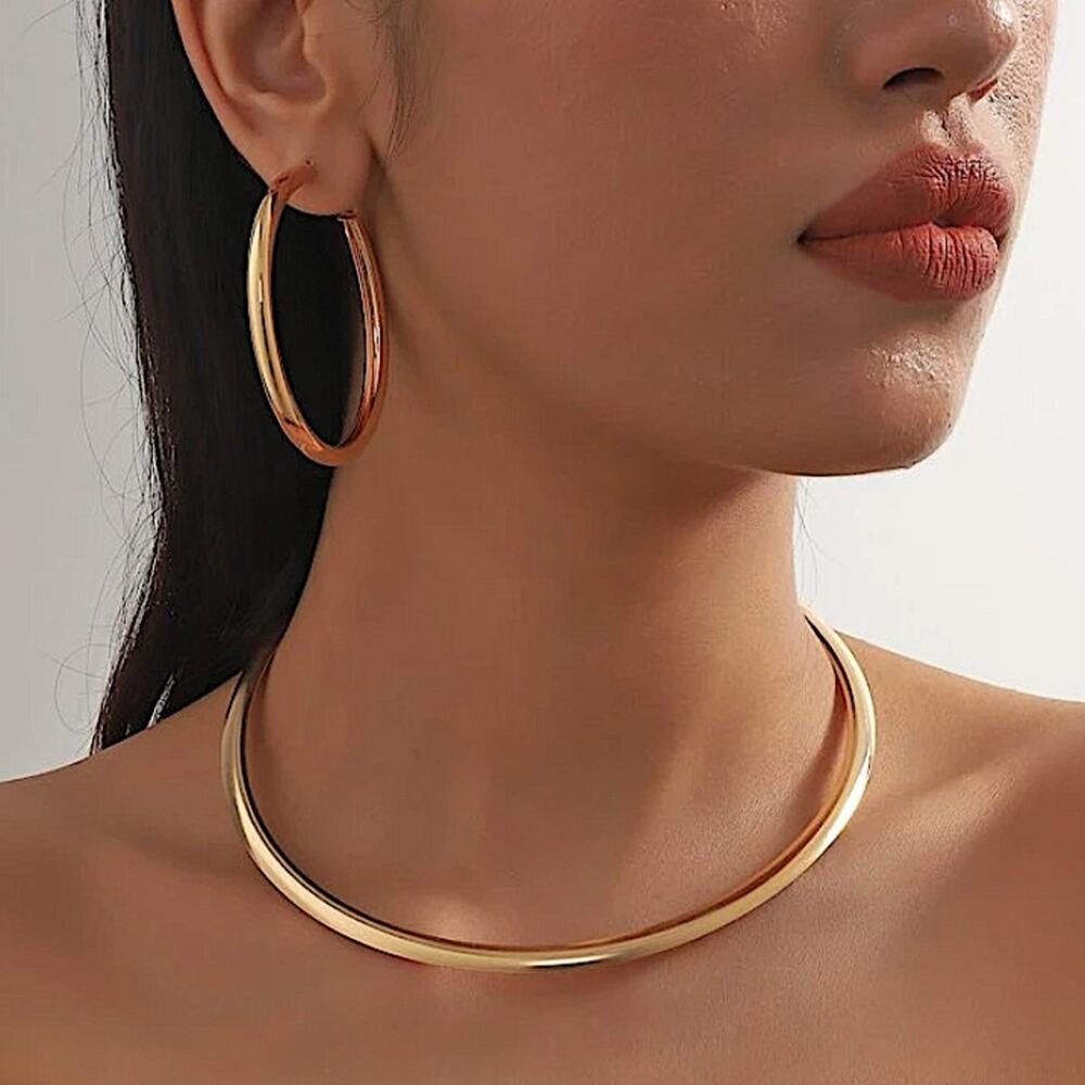 Gold Collar Torques Choker Earrings Hoop Matching Set - Picture 1 of 3